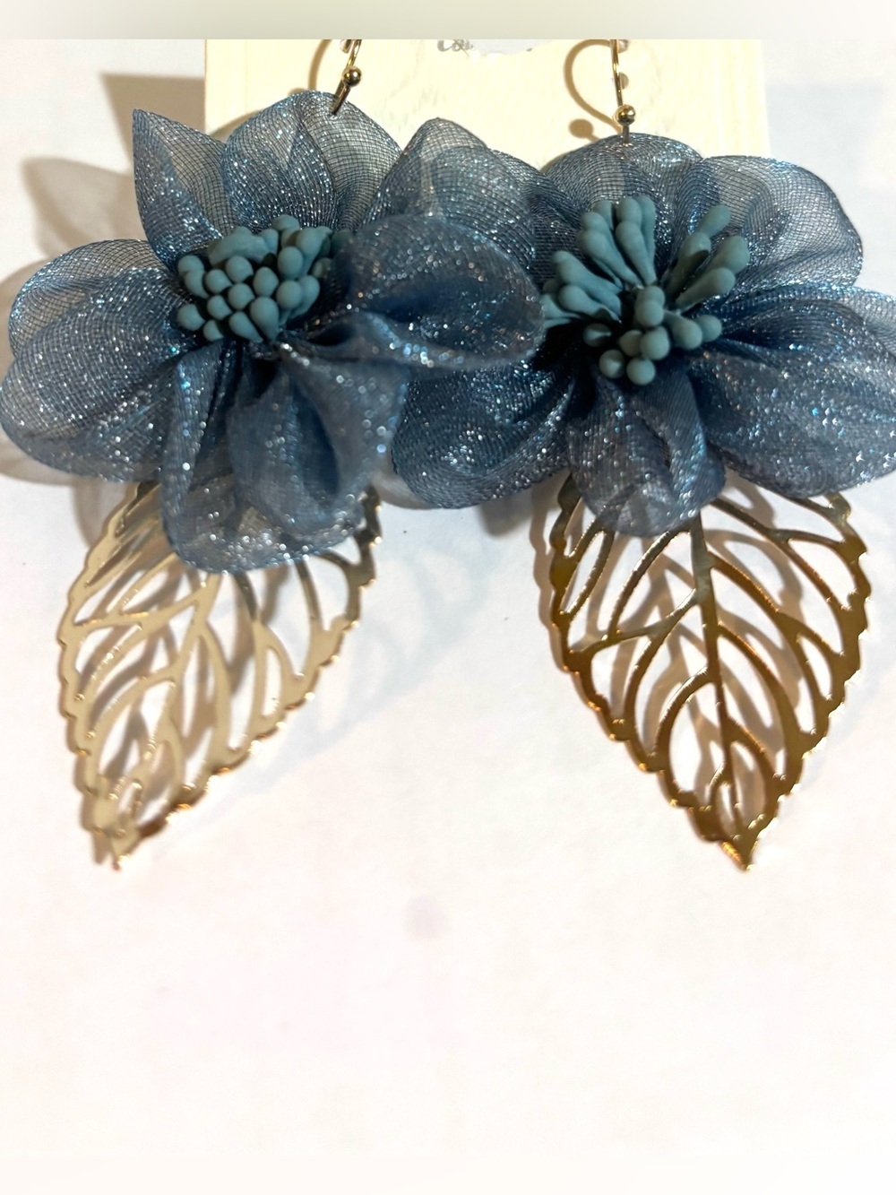 Blue Floral Leaf Drop Earrings - Gold Accents